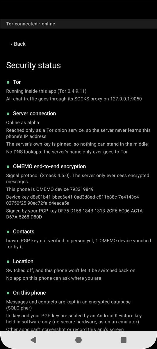 Security status screen listing Tor, encryption, contacts, location and storage